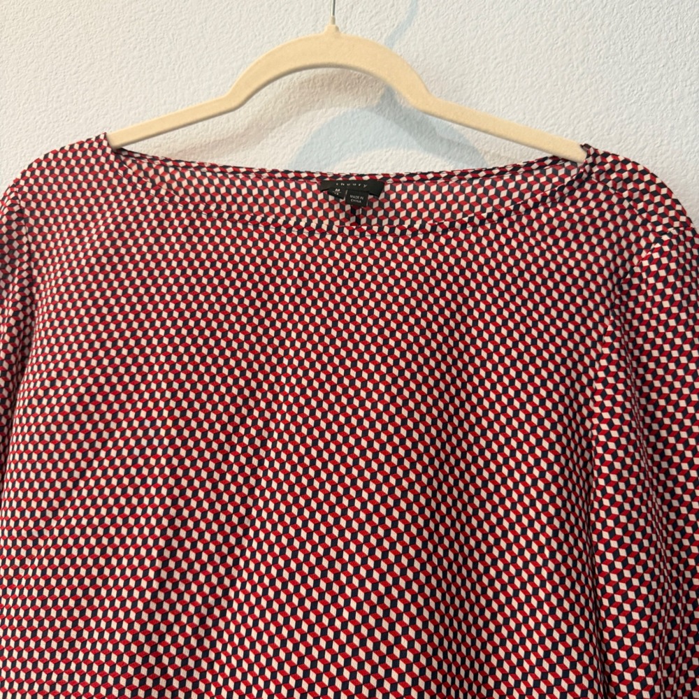 Theory Womens Silk Geometric Cube Print Boat Neck Blouse Career Luxury Medium